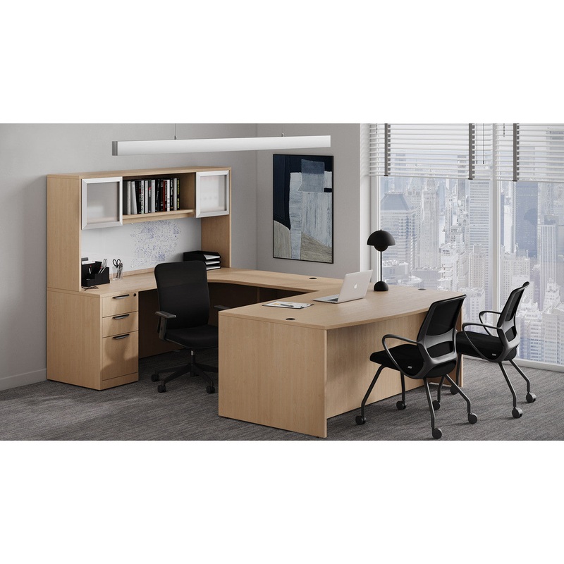 OS Laminate U Shaped Desk with Bow Front, Hutch, Drawer Pedestal & Glass Board Arcadia White