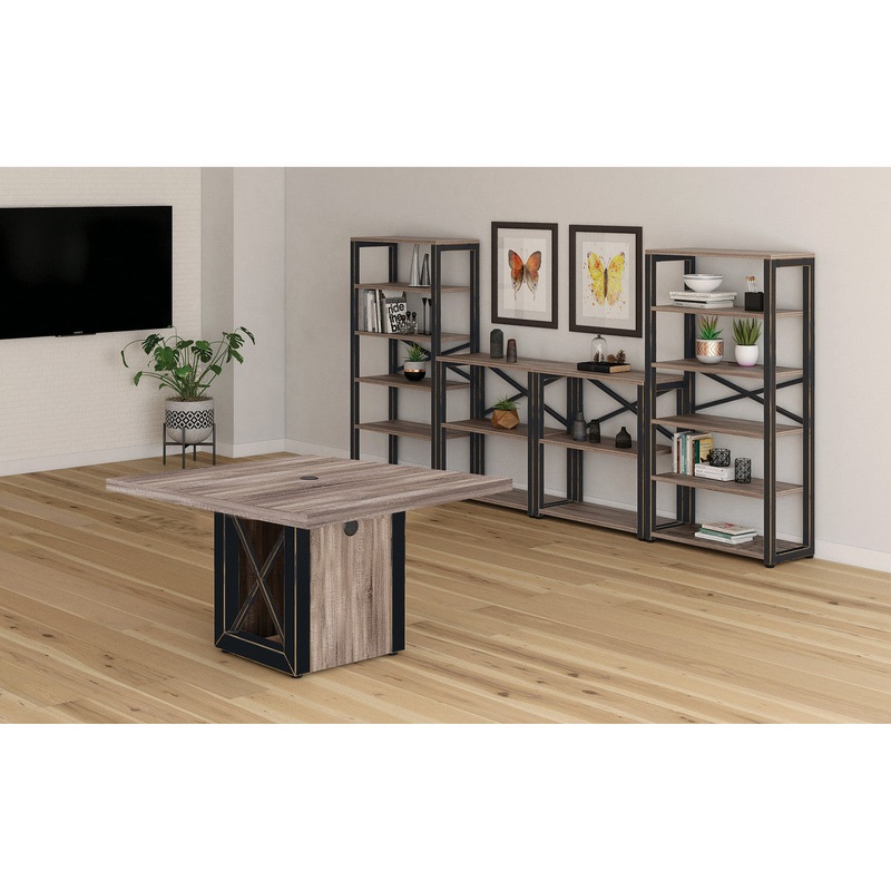 Riveted Conference Room Furniture – Small Conference Table & Metal Bookcase Distressed Brown