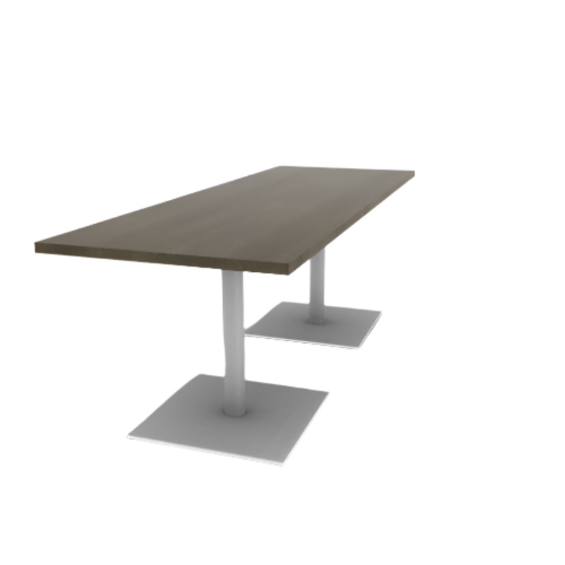 Proof 30″ x 84″ Rectangle Pedestal Cafe Table with Square Steel Base Pair Solid Wood Top