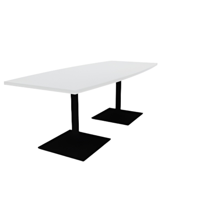 Proof 36″ x 84″ Boat Pedestal Cafe Table with Square Steel Base Pair HPL Top