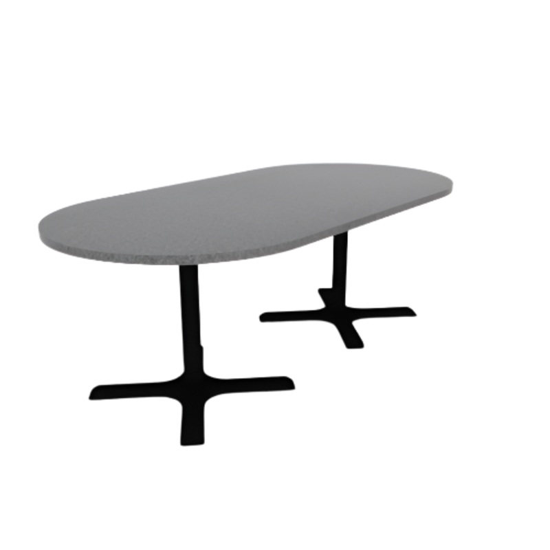 Proof 42″ x 84″ Racetrack Pedestal Cafe Table with Cast Iron X-Base Pair HPL Top