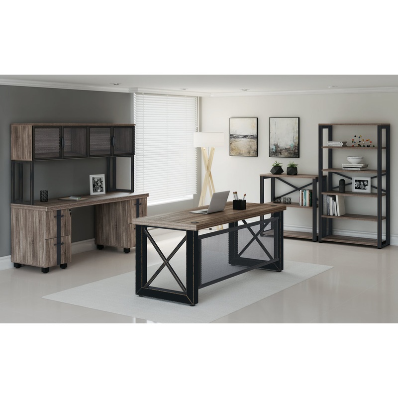 Riveted Executive Office Furniture – Industrial Desk with Hutch, Bookcase & Double Pedestal Credenza Distressed Brown Distressed Charcoal