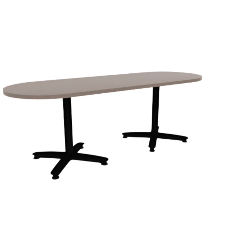 Proof 30″ x 84″ Racetrack Pedestal Cafe Table with Arched Base Pair HPL Top