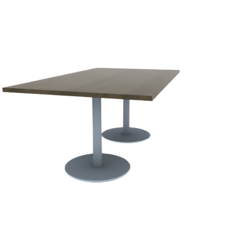 Proof 42″ x 72″ Rectangle Pedestal Cafe Table with Round Stainless Steel Base Pair Solid Wood Top