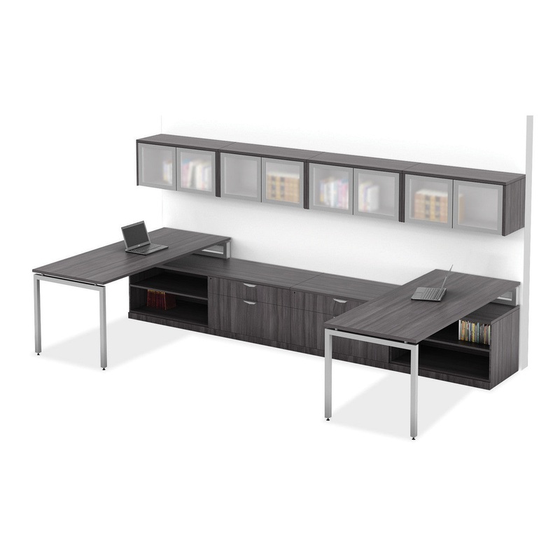 Variant Double Desk Workstation with Wall-Mounted Overhead Storage & Personal Cabinet Arcadia White